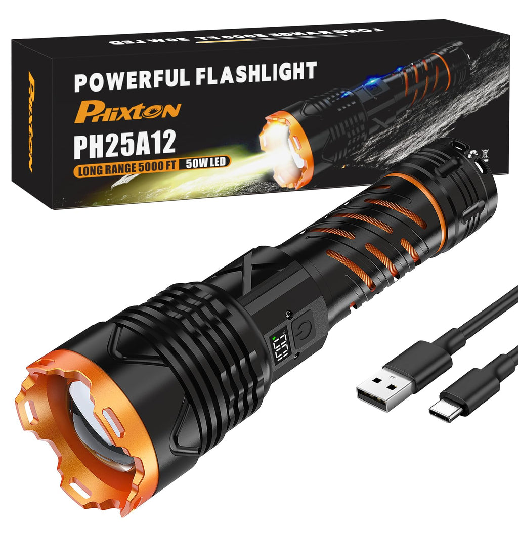 Super Bright Flashlight High Lumens 100000 Rechargeable, Powerful Strong 50W LED, Long Lasting 15 Hours, Quick USB C Charge, Improved Single Click Design 3-Mode, LCD Display & Output, for Hiking Home