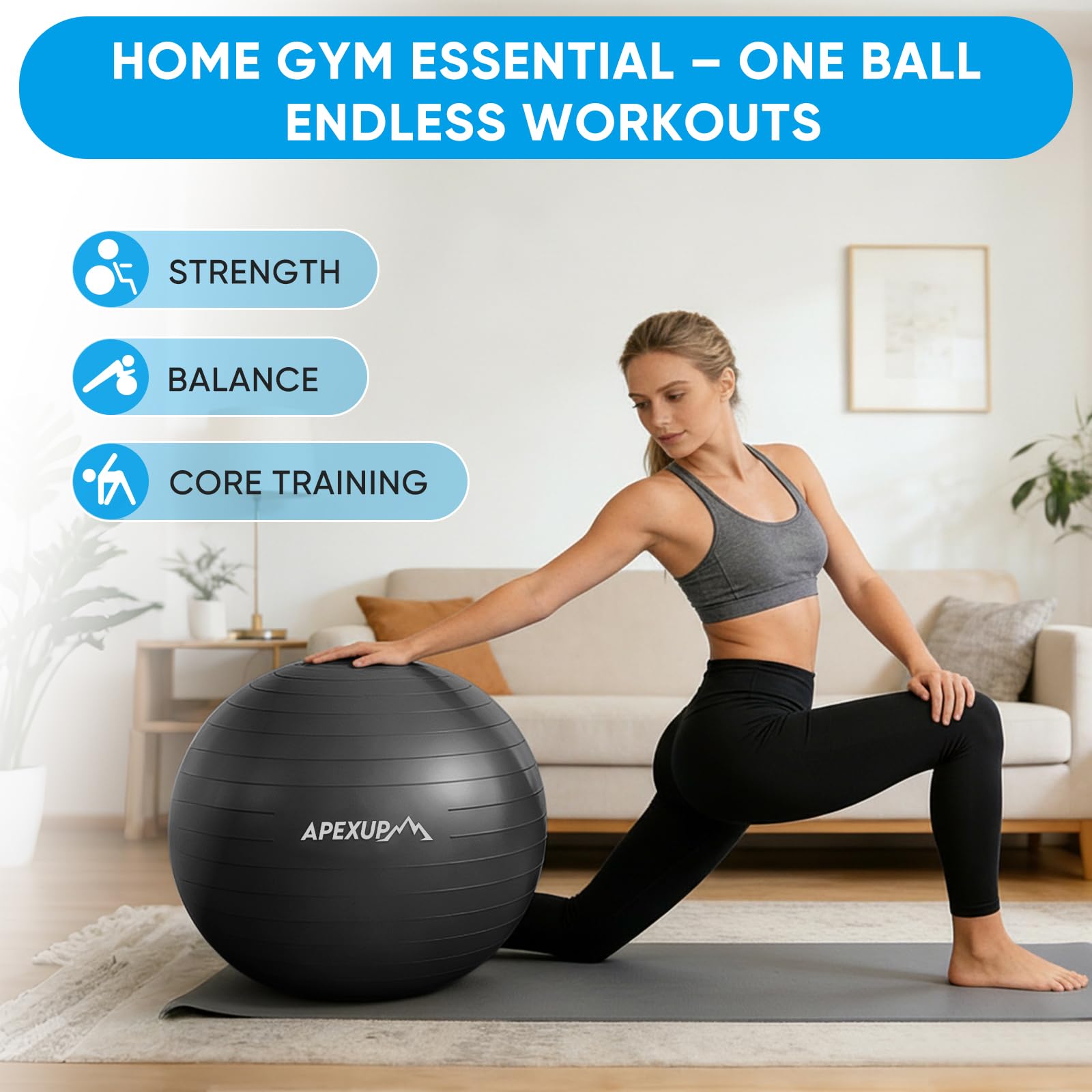 APEXUP Yoga Ball, 660 lbs Anti-Burst Exercise Ball with Pump, 5 Sizes (S (15"~18") 45cm, Black)
