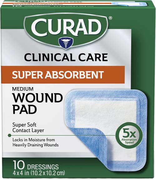 Curad Super Absorbent Wound Pads - Medium 4" x 4" | 10 Count for Maximum Protection