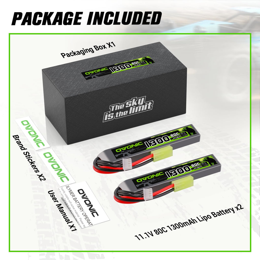 OVONIC 3s Lipo Battery 11.1V 1300mAh 80C with MiniTamiya Plug Lipo Battery for Airsoft Guns(2PCS)