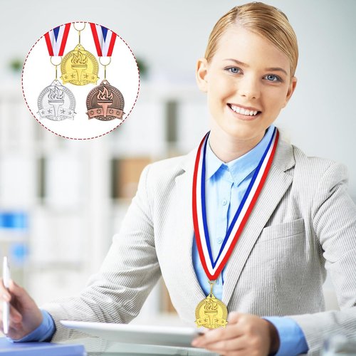 Landical Gold, Silver, Bronze Medals - 2" Torch Award Medals with Neck Ribbon for Sports Events