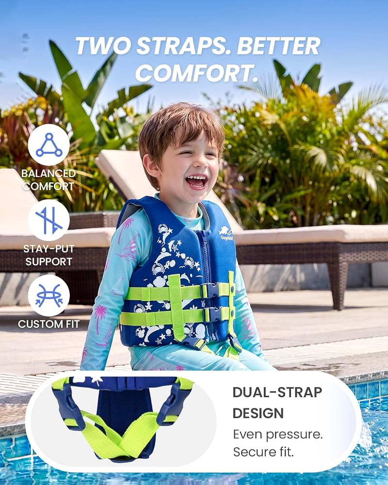 Gogokids Toddler Swim Vest - Blue Dolphin+S (2-4 Years, 22-60 lbs) | 2- buckle safety