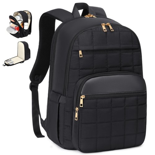 CAMTOP Work Backpack for Women, Travel Backpack with Insulated Pocket, Puffer Quilted College Bookbag Fits 15.6 Inch, Casual Daypack Backpacks for Bussiness Teacher Nurse, Black