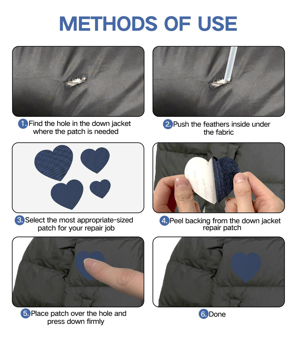 20Pcs Down Jacket Repair Patches Dark Blue Waterproof Self Adhesive Pre-Cut Nylon Repair Patches Kit for Jackets Coats Clothing Tents Sleeping Bags, Heart