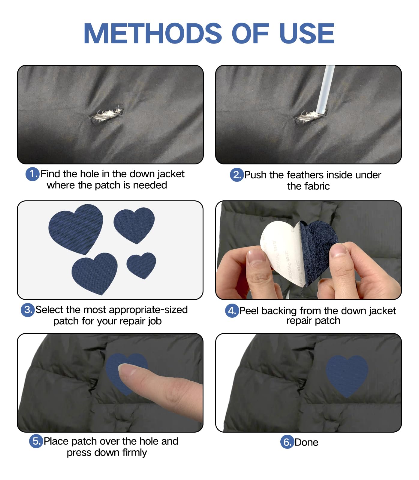 20Pcs Down Jacket Repair Patches Dark Blue Waterproof Self Adhesive Pre-Cut Nylon Repair Patches Kit for Jackets Coats Clothing Tents Sleeping Bags, Heart