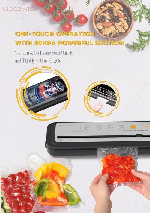 MEGAWISE Vacuum Sealer Machine 2025 - Powerful One-Touch Automatic Design | Seals in 10-20 Seconds | Includes 10 Vacuum Bags & Built-in Cutter