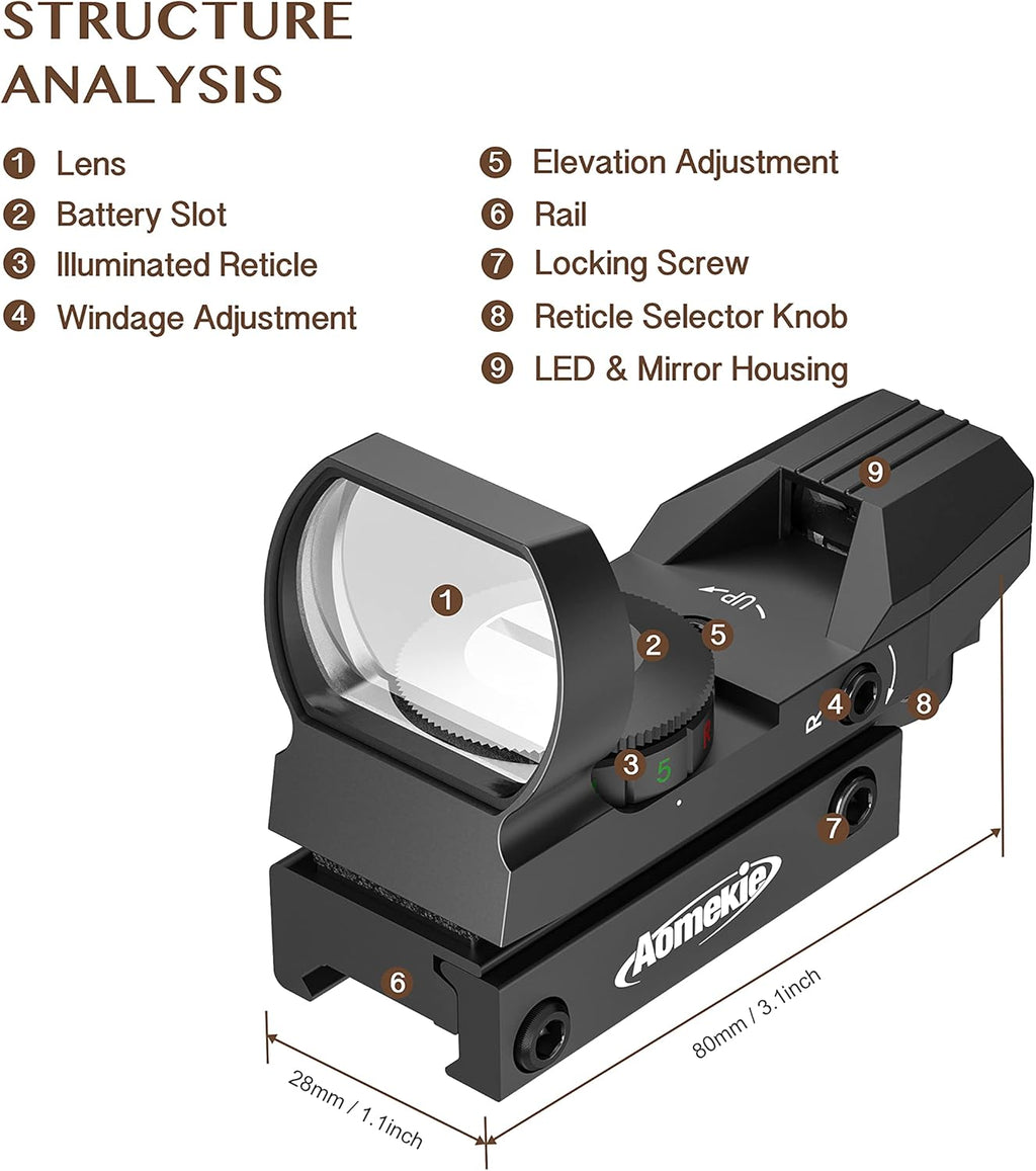 Aomekie Red Green Dot Gun Sight Scope - 4 Reticles Reflex Sight with 20mm Mount Rail