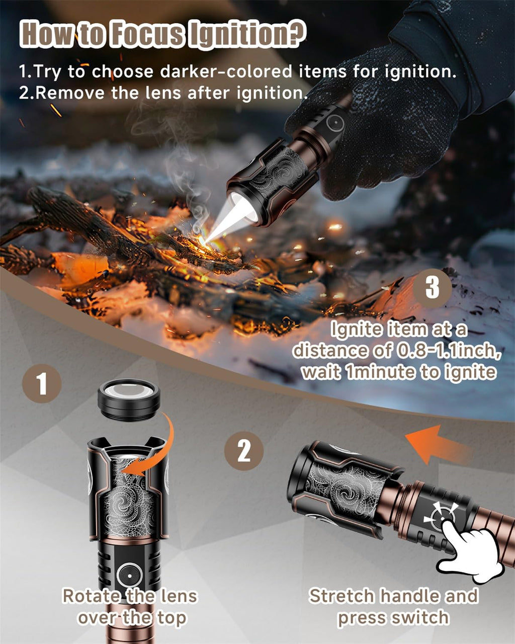 SKYFIRE Rechargeable Flashlights with Ignition Lens: 2 Pack High Lumens Tactical Flashlight LED Zoomable with 6 Modes IPX6 Handheld Powerful Flash Light for Hunting, Storm preparedness,Home&Gifts