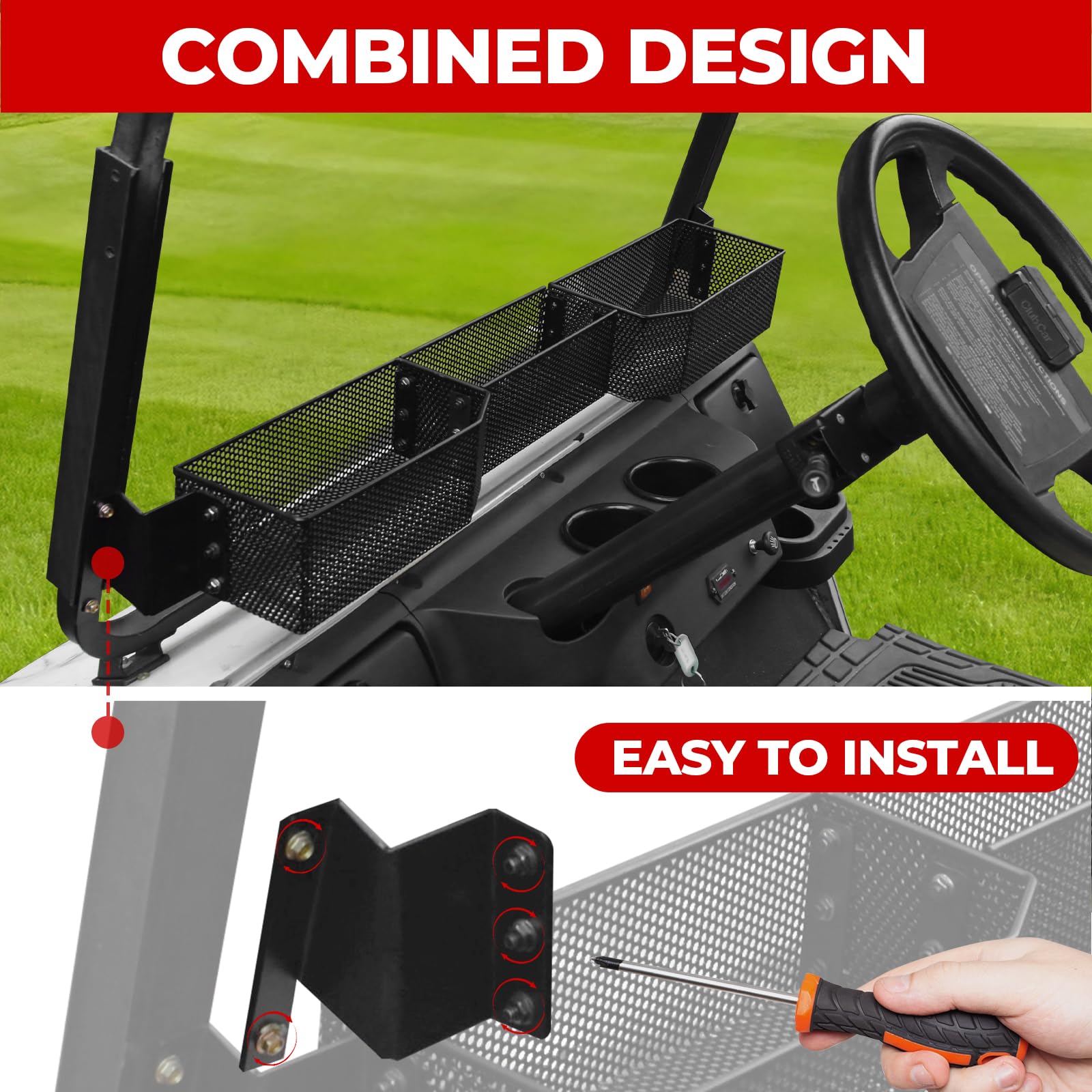 XUTVOTOR Inner Front Storage Basket Compatible with E-Z-GO RXV 2008+ Accessories, Black Mesh Combined Front Inner Dash Storage Tray Storage Shelf for EZGO RXV 2008+