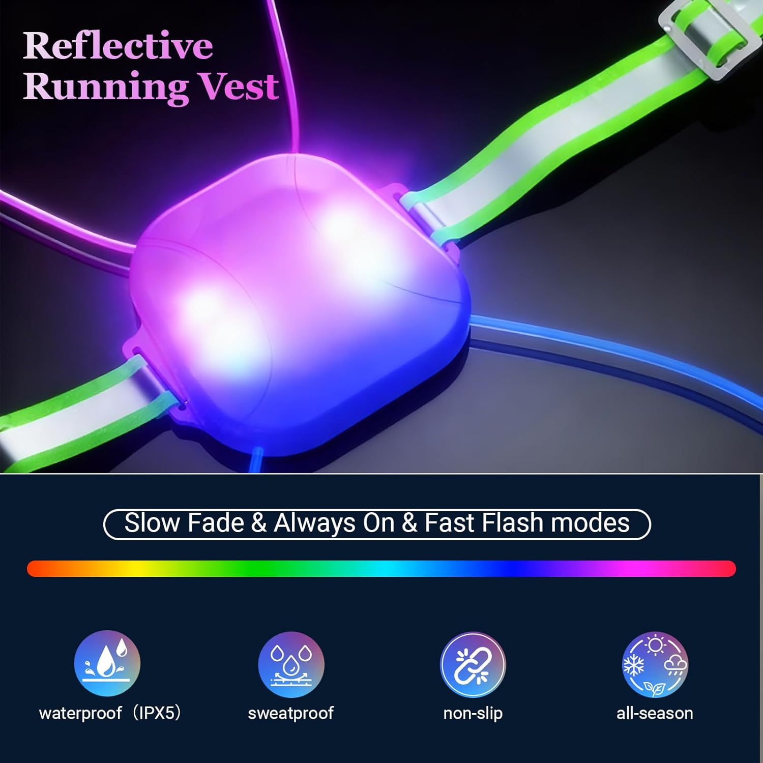 Skiennix Reflective Running Vest - Rechargeable LED Gear with 3 Modes & 7 Colors | Adjustable Safety Vest for Night Running, Cycling, Hiking (Medium)