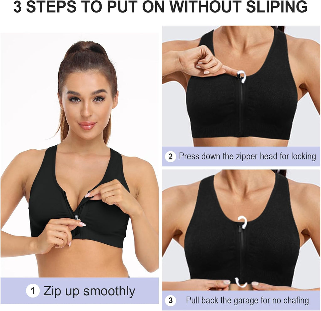 Skiennix Women's Zip Front Sports Bra - Wireless Post-Surgery Support for Yoga & Active Wear