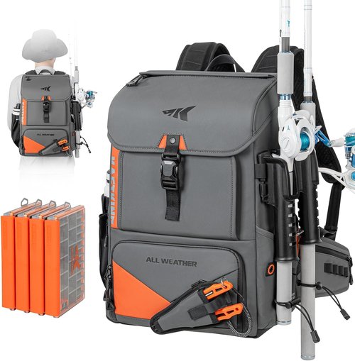 KastKing Fishing Tackle Backpack - All Weather Design with 4 Waterproof Boxes & Rod Holders | Durable ArmorShield Fabric