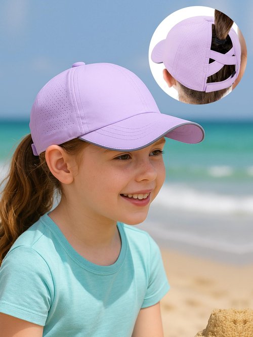 Little Girls Criss Cross Ponytail Hat Toddler Reflective Baseball Cap Kids Quick Dry Summer Sports Hats Age 3-8