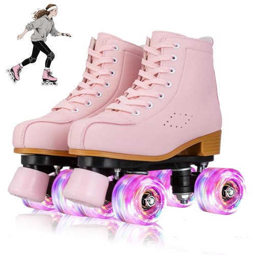 YYW High-top PU Leather Roller Skates for Women，Outdoor Roller Derby Skates for Unisex Beginners with Light up Wheels(Pink-39-Women 8.5/Men 7)
