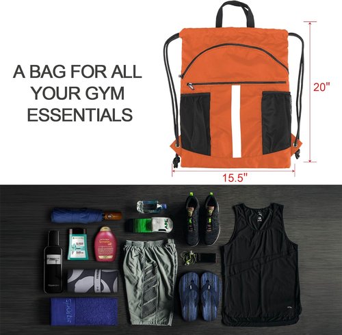 BeeGreen Drawstring Backpack - X-Large Black Gym Bag with Shoe Compartment & Cinch Closure