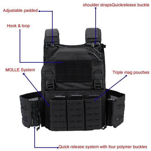 Greencity Tactical Vest Molle Quick Release Buckles Weight Vest Adjustable Strength 600D Nylon with Triple Pouch for Men (Black)