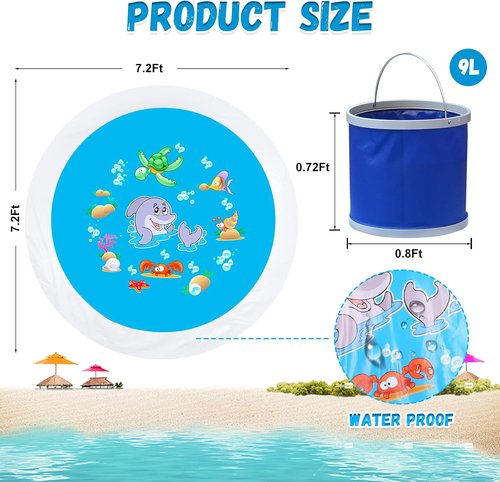 7.2 X 7.2 Feet Baby Beach Pool，Kiddie Pool and Beach Blanket，2 in 1 Toddler Paddling Pool，Beach Toys for Infant Kids Boys and Girls with Portable Water Bag 9L