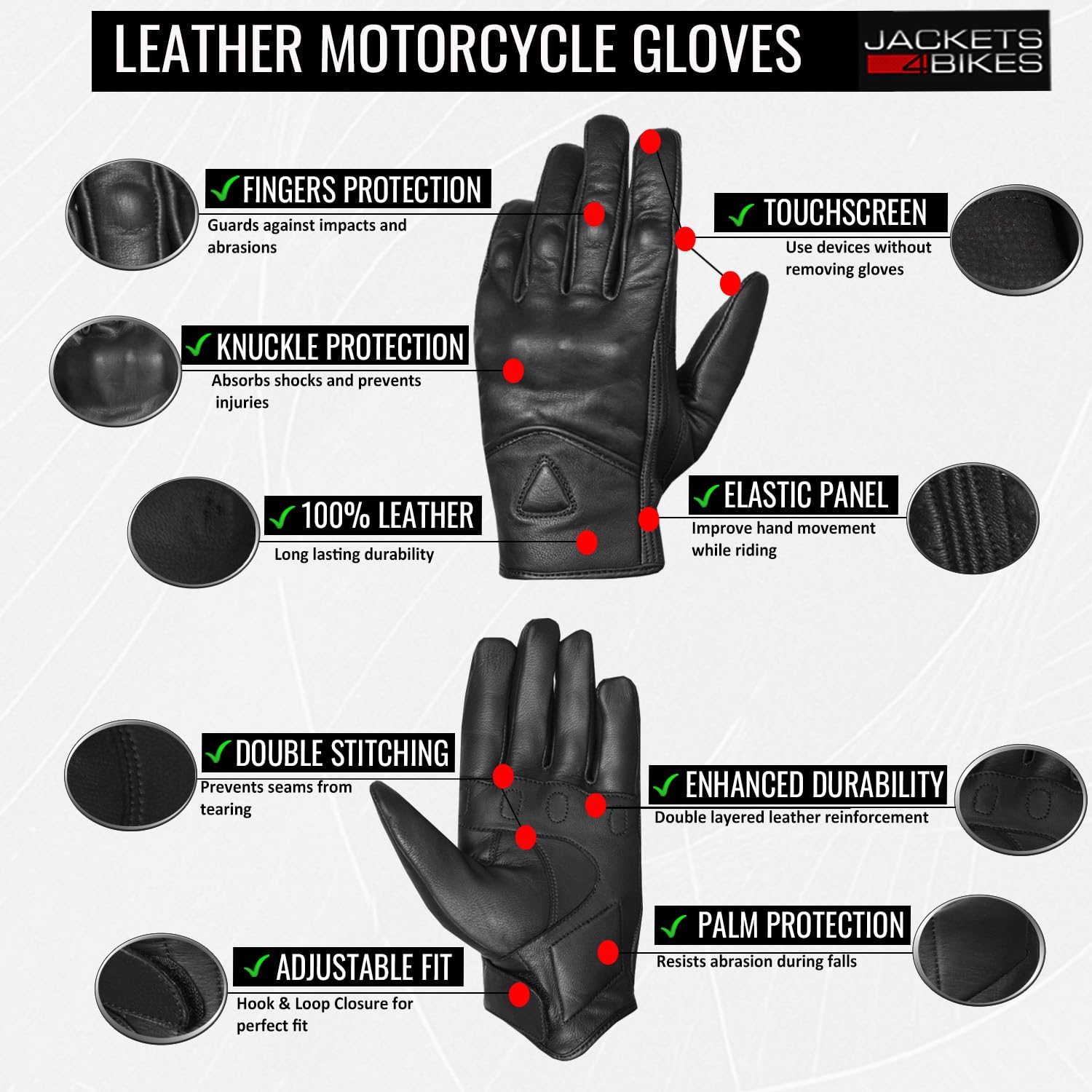 Jackets 4 Bikes Motorcycle Gloves - Premium Leather for Men, Touchscreen, Non-Slip, Motorbike Cruiser Street Biker Protector Black S