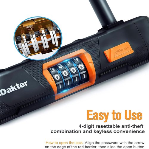 NDakter Heavy-Duty Bike Lock - Anti-Theft U Lock with 4-Digit Combination & 5Ft Steel Cable for E-Bikes, Scooters, Motorcycles