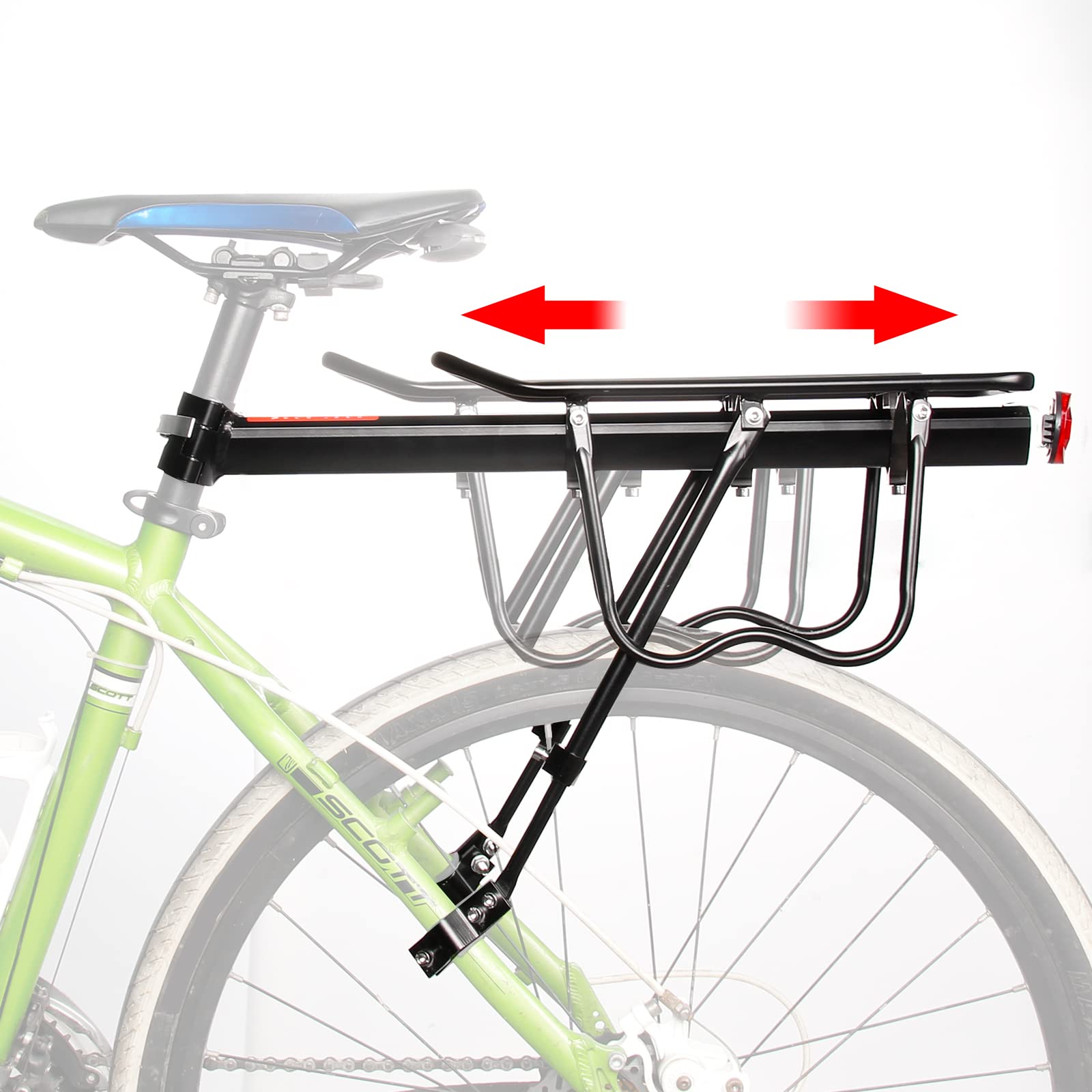 Rear Bike Rack, 110 lbs / 50KGS Bike Cargo Racks Frame Aluminum Alloy Universal Adjustable Cycling Equipment Stand Footstock Bicycle Luggage Carrier with Tools and Reflector for 26"-29" Frames