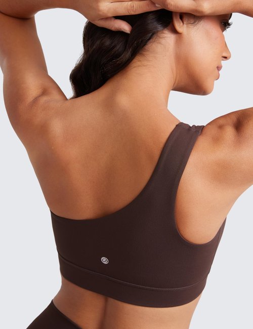 CRZ YOGA Butterluxe One Shoulder Sports Bras for Women - Sleeveless One Strap Low Impact Asymmetrical Workout Yoga Tops Hot Fudge Brown Medium