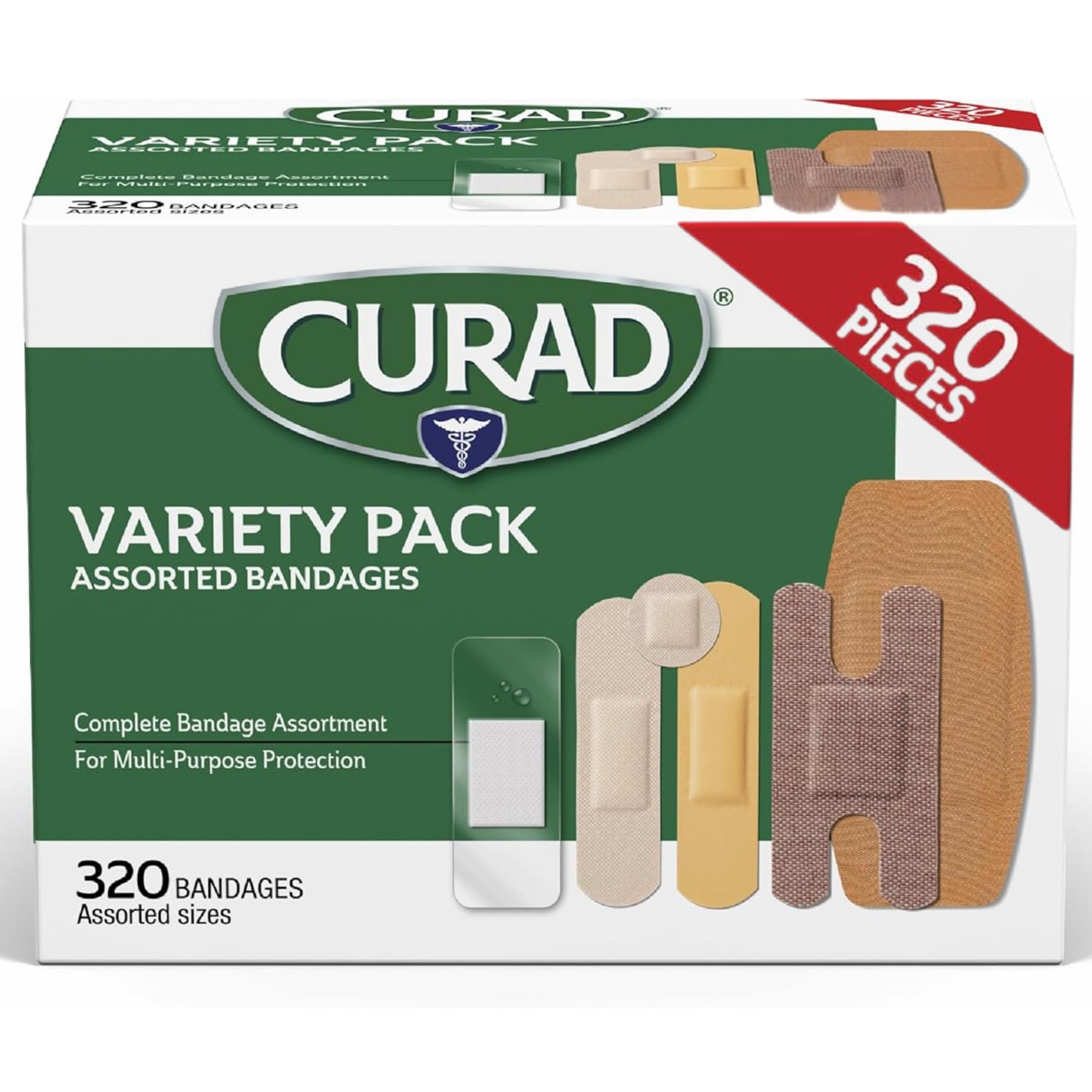 CURAD Assorted Bandages Bulk Variety Pack / 320 Count /5 Styles Including Waterproof, Sheer, Plastic, Heavy Duty & Flex-Fabric / First Aid Kit Essentials / Protects Scrapes, Cuts & Burns