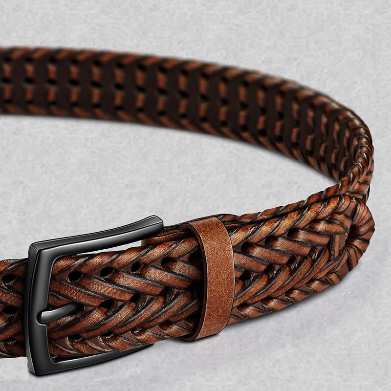 Gift Boxed Leather Belt for Men - 1 3/8" Woven, Holeless, Light Brown, Adjustable