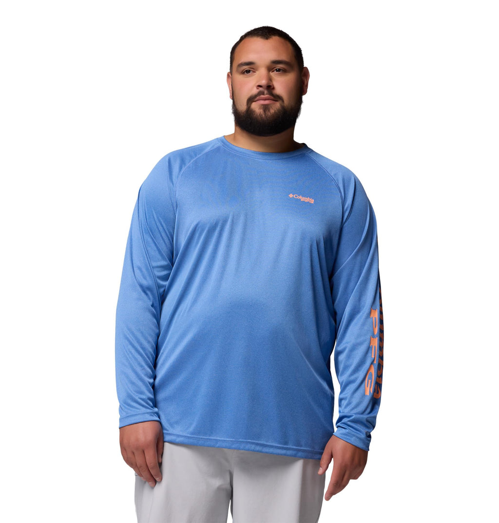 Columbia Men's PFG Terminal Tackle Long Sleeve Fishing Shirt, Vivid Blue Heather/Bright Nectar Logo, 1X