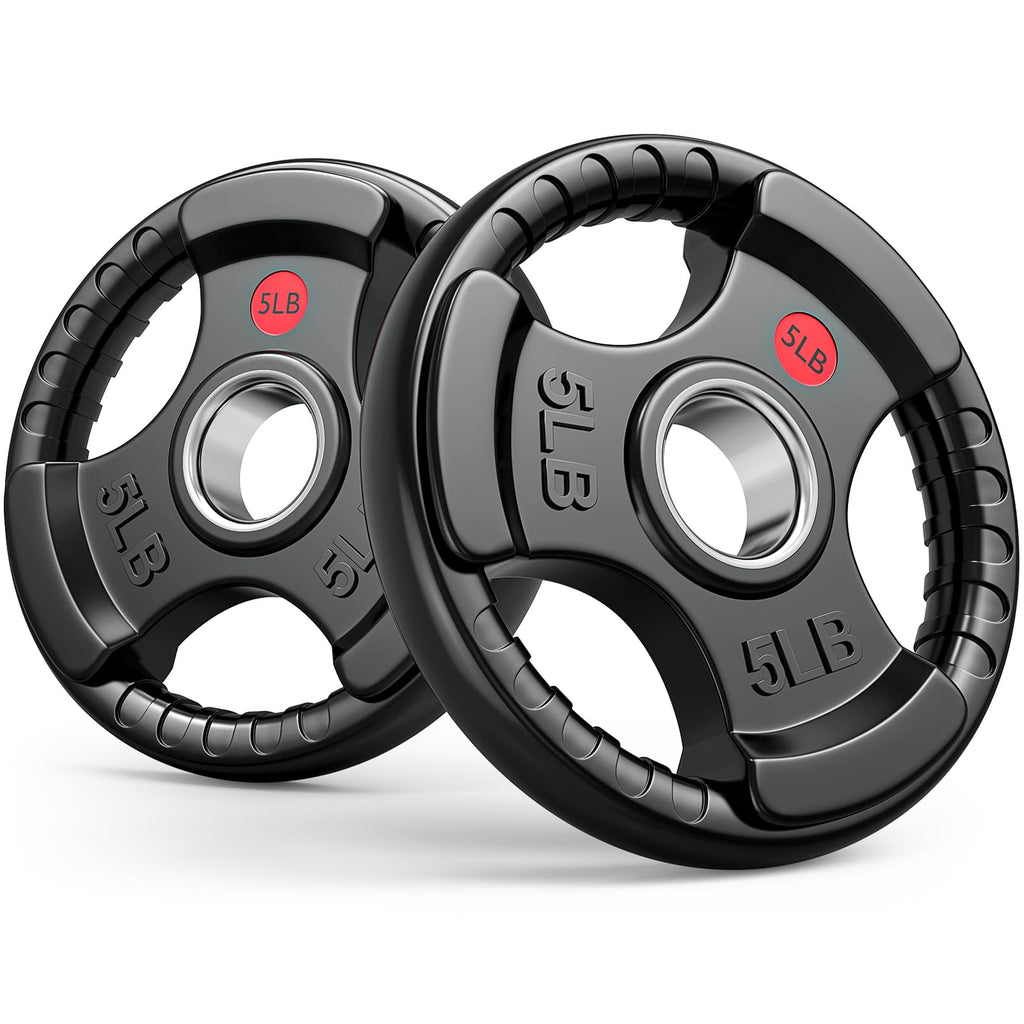 GIKPAL 5LB Olympic Weight Plates Pair, Three-Grip Rubber Coated 2-Inch Plates with Steel Hub for Beginner Strength, Core Work & Home Gym Use