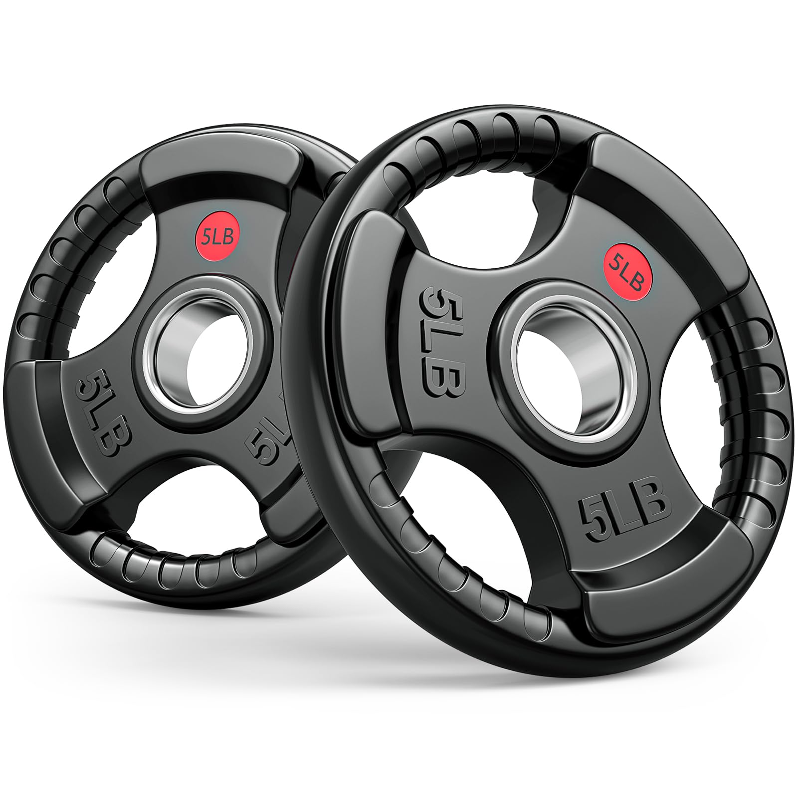 GIKPAL 5LB Olympic Weight Plates Pair, Three-Grip Rubber Coated 2-Inch Plates with Steel Hub for Beginner Strength, Core Work & Home Gym Use