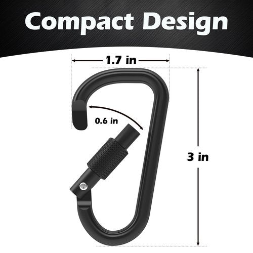 Gold lion gear Aluminum Carabiner w/Lock 3 Inch - D Shape Heavy Duty Buckle - Small Carabiner Clip, Key Ring, Backpack Clip (10 Pk Black Carabiners)