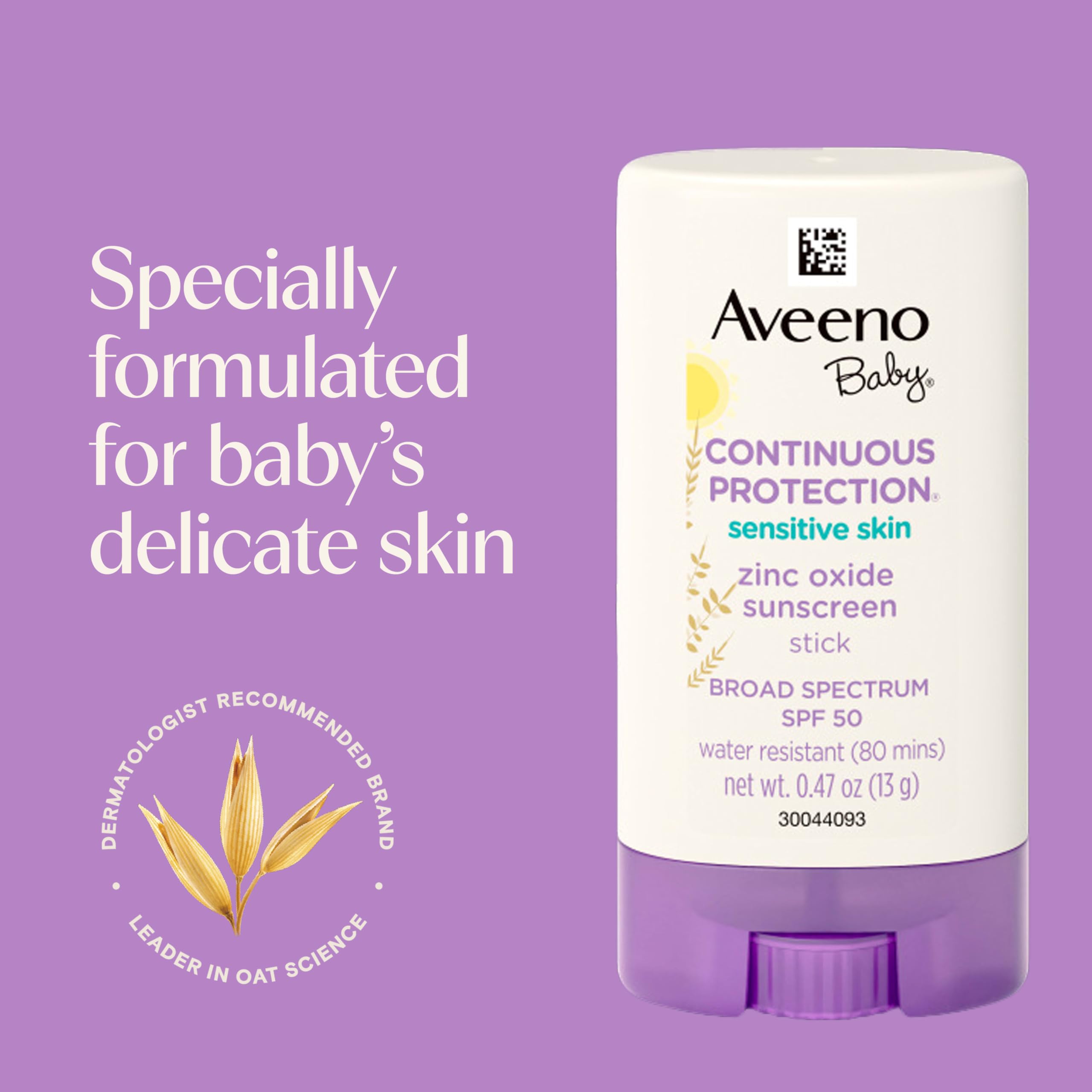 Aveeno Baby Continuous Protection Mineral Sunscreen Stick for Sensitive Skin with Broad Spectrum SPF 50 Protection for Face & Body, Naturally Sourced 100% Zinc Oxide, Travel Size, 0.47 oz