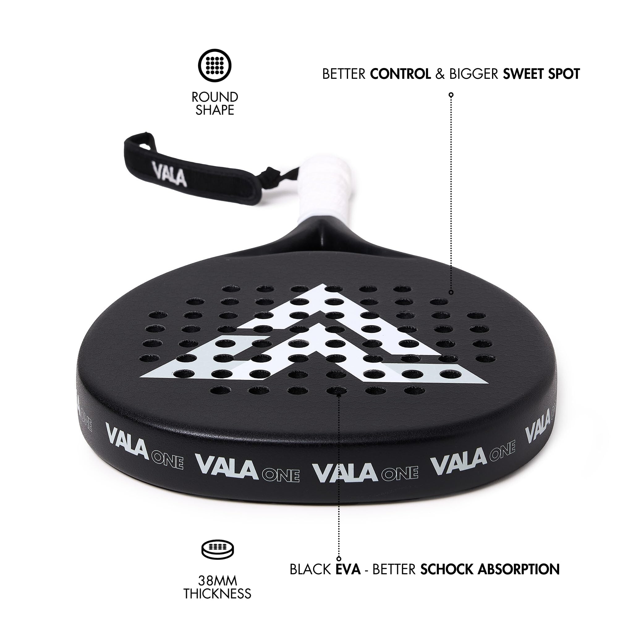 VALA One Padel Racket – Lightweight Paddle Carbon Fiber, Shock-Absorbing Design, Round Shape, Extra Grip Texture for Spin & Control, Pala for Men - Women, Ideal for Beginner to Intermediate Player
