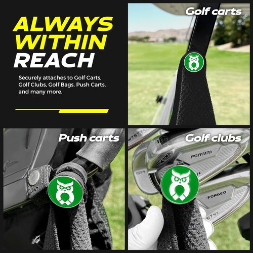 MagnetOwl Magnetic Golf Towel Clip (Turn Any Golf Towel Magnetic) - with 2 Sided Removable Ball Marker - Highest Strength Magnet - Removable and Resuable Towel Magnet - (Green)