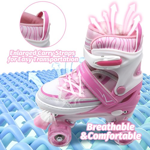 SMOOJOY Kids Roller Skates for Girls Boys Youth, Adjustable Light-Up Canvas Pink Quad Skate for Ages 6-12 Beginners' Outdoor Indoor Sports