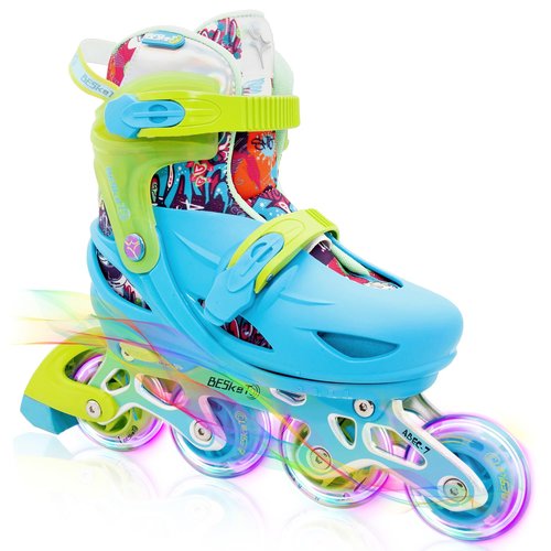 Besketo Blue Graffiti Light up Inline Skates for Girls Boys, 4 Size Adjustable Roller Shoes with Full Illuminating Wheels for Kids, Blades Roller Skates for Beginner Teens & Adult Youth - S J9-J12 US