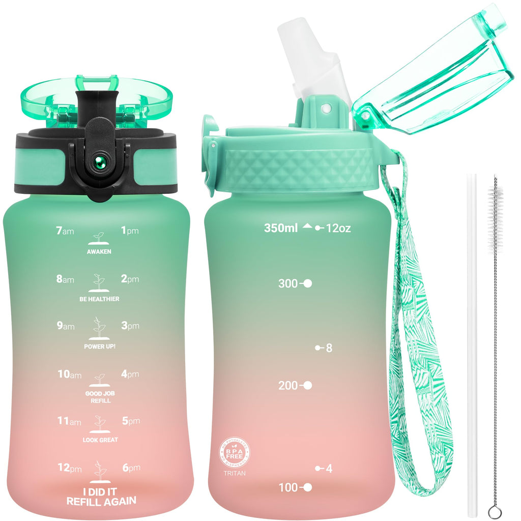 OLDLEY Kids Water Bottle for School, 12 oz (2 lids) BPA-Free Reusable Leak-proof Durable Tritan Plastic Water Bottles with Straw & Chug Lids, Anti-dust Spout Cover (Tulips)