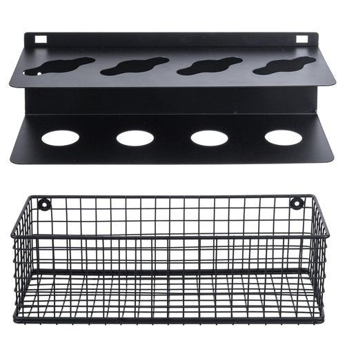 MyGift 16.5 Inch Black Metal Pickleball Paddle Rack and Ball Storage, Wall Mounted or Fence Hanging Equipment Organizer with Racket Holder and Basket for Balls