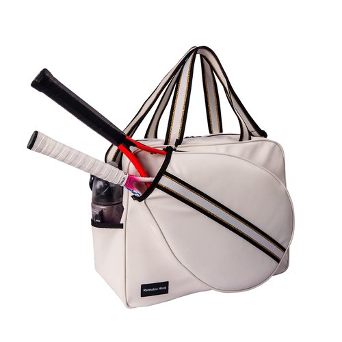Remobia Hicol White PU Leather Women Large Sports Handbag Tennis Racket Shoulder Bag Tennis Tote Bag for 2 Rackets, with Water Bottle Holder