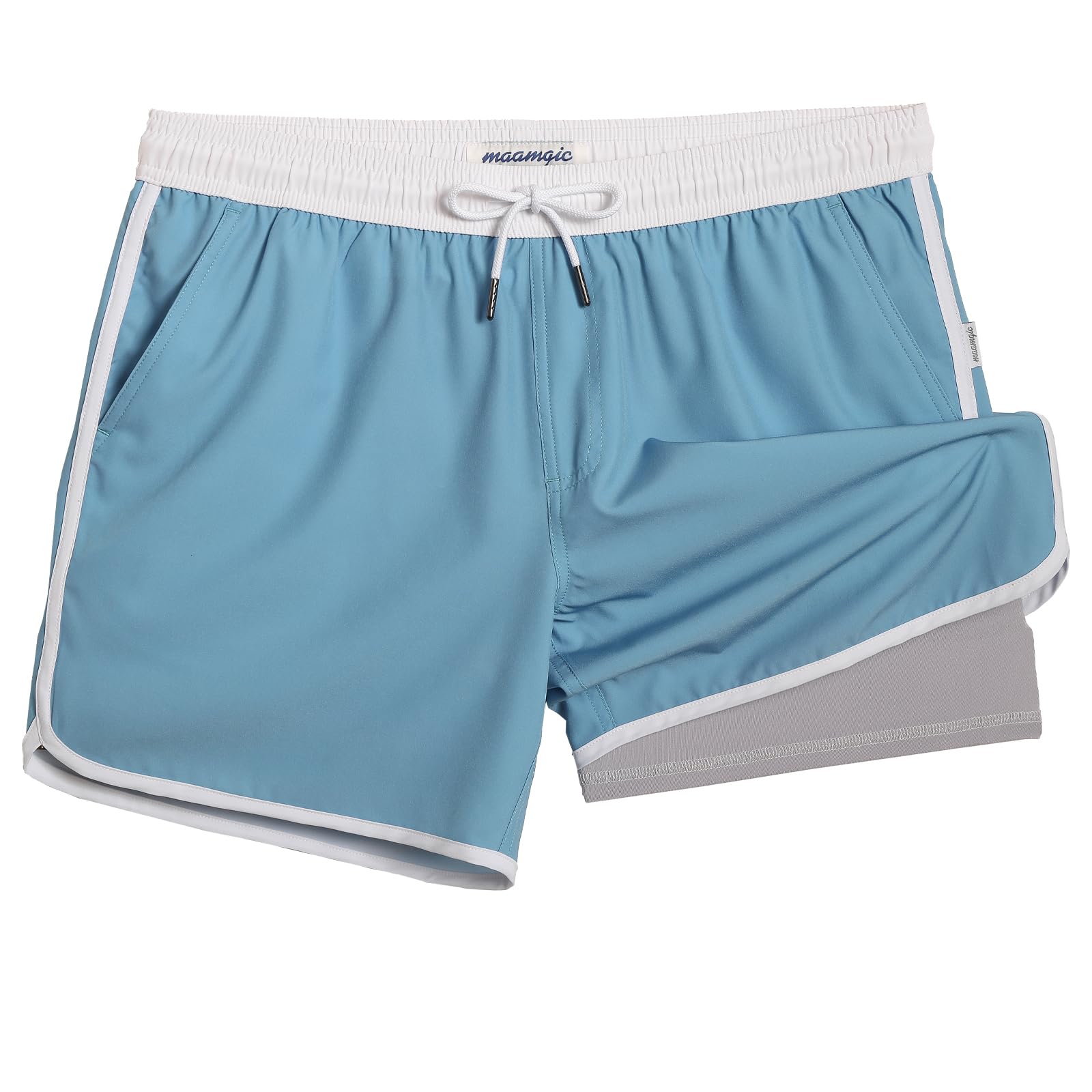 maamgic Mens Short 80s 90s Vintage 5.5" Swim Trunks Swimsuits Board Shorts Compression Liner Quick Dry 2 in 1 Bathing Suits Light Blue Medium