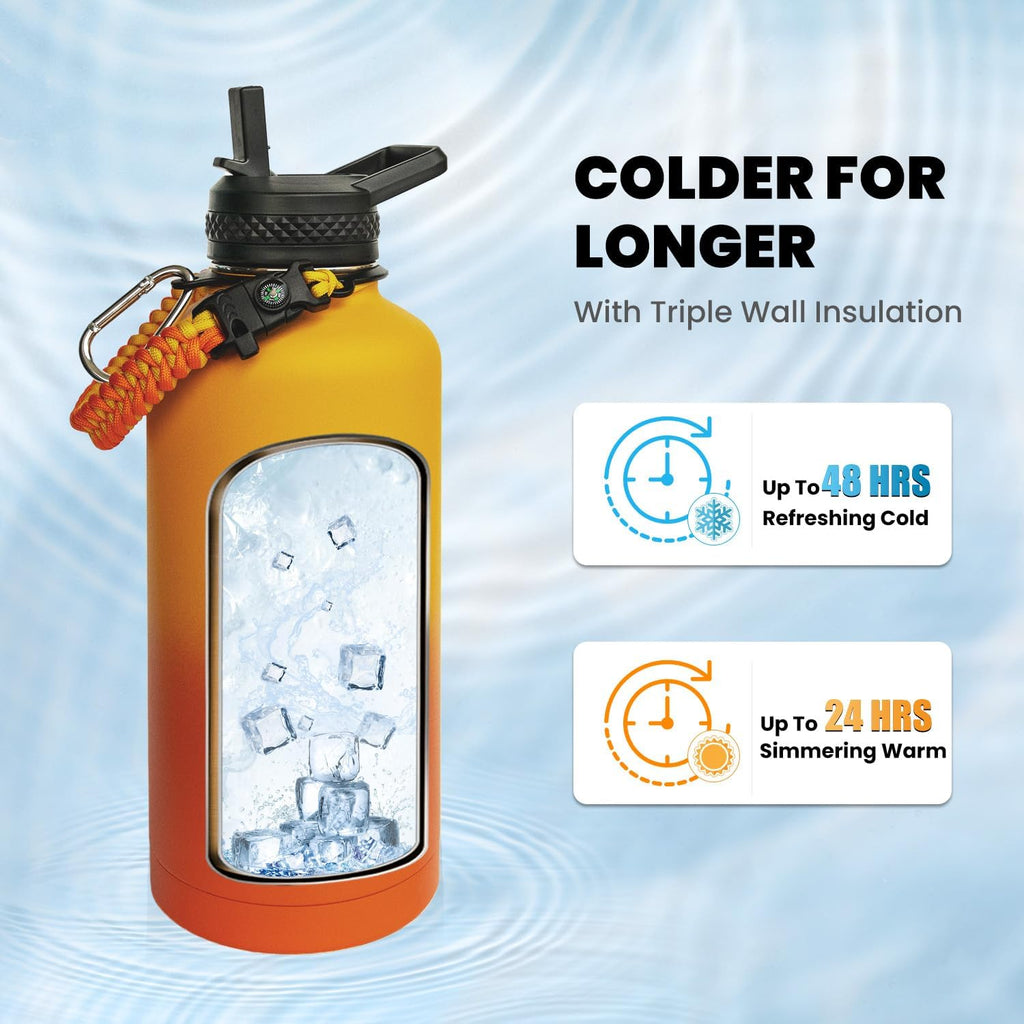 Skiennix Insulated Water Bottle - 87 Oz Triple Wall Vacuum Stainless Steel | Cold for 48 Hrs, Leak Proof, Ombre Orange