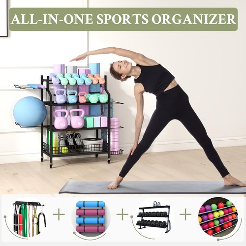 Hadulcet All-in-One Dumbbell Rack, 4-Tier Adjustable Weight Rack for Dumbbells, Home Gym Storage for Yoga Mat, Kettlebell, Foam Roller & Balls, Workout Equipment Storage with Hooks and Wheels