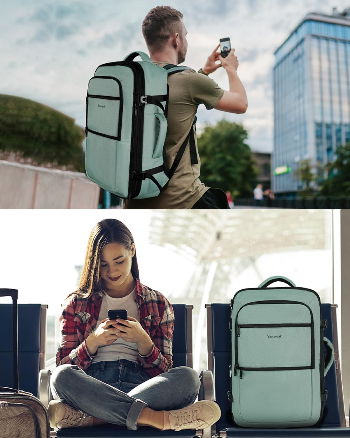 Vancropak Carry On Backpack, 45L Expandable Extra Large Travel Backpack, Flight Approved Water Resistant Luggage Suitcase Daypack, Lightweight College Business Weekender Bag for Men & Women, Cyan