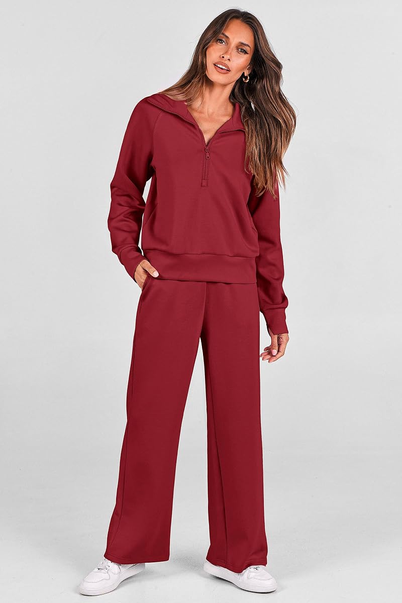 2-Piece Lounge Set for Women - Half Zip Sweatshirt + Palazzo Pants, Wine Red, Size M