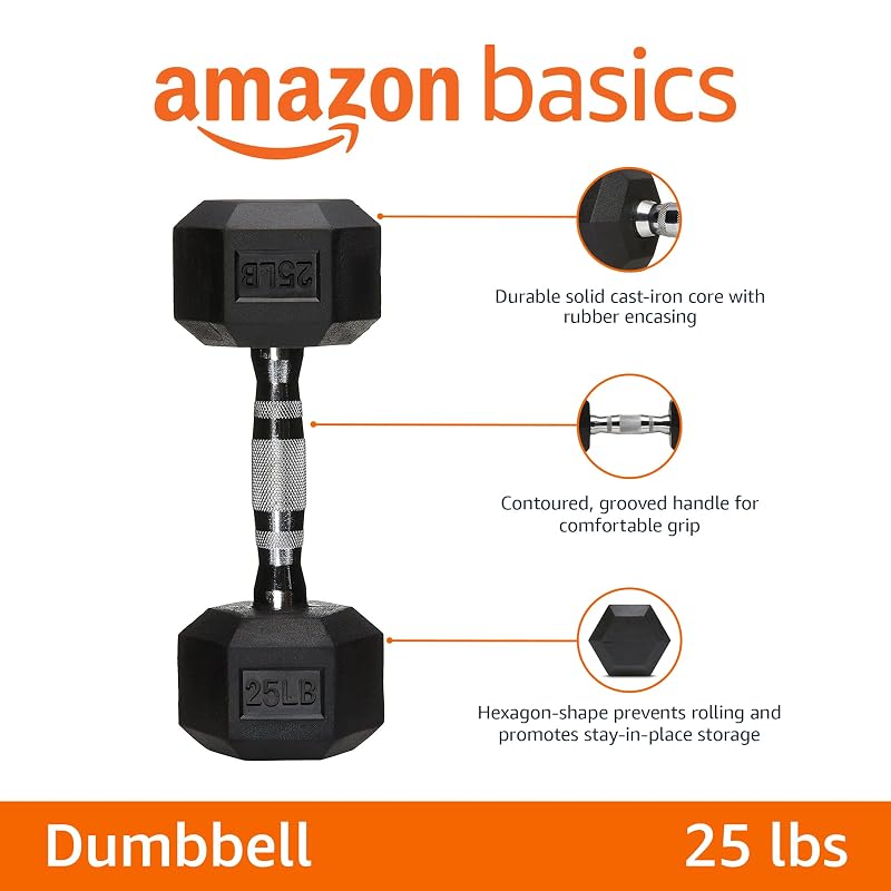 Amazon Basics 25 lb Rubber Hex Dumbbell — Hexagon, Textured Grip (Pair 25+25 lbs) - Home Gym