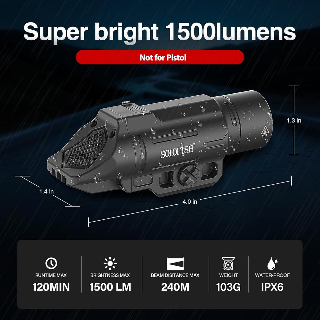 Solofish Tactical Flashlight - 1500 Lumen Rechargeable Weapon Light with Strobe | Compatible with Picatinny Rail