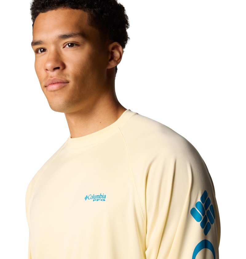 Columbia Men's PFG Terminal Tackle Long Sleeve Fishing Shirt, Lemon Wash/Blue Echo Logo, 3X Tall