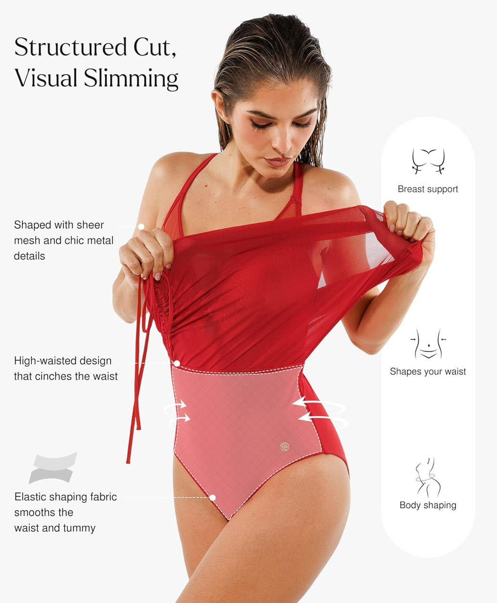 Popilush One-Piece Swim Dress for Women - Tummy Control & Slimming Mesh Sheer Wraps