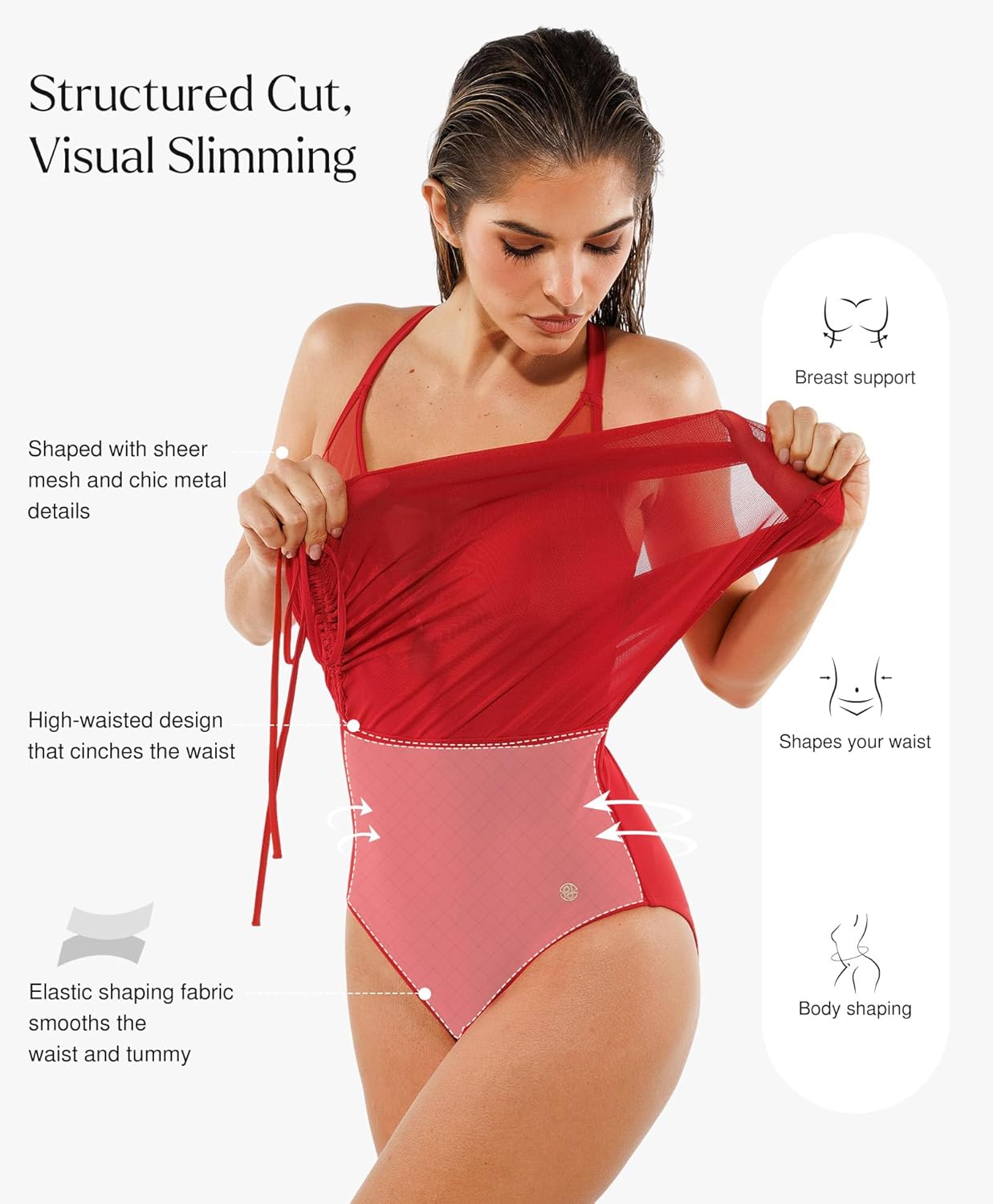 Popilush One-Piece Swim Dress for Women - Tummy Control & Slimming Mesh Sheer Wraps