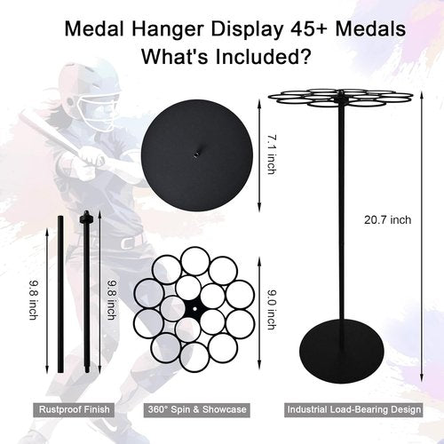 Medal Hanger Display - Rotating Wall-Safe Tabletop Stand Holds 45+ Race Medals | Heavy-Duty Metal Base for Easy Assembly